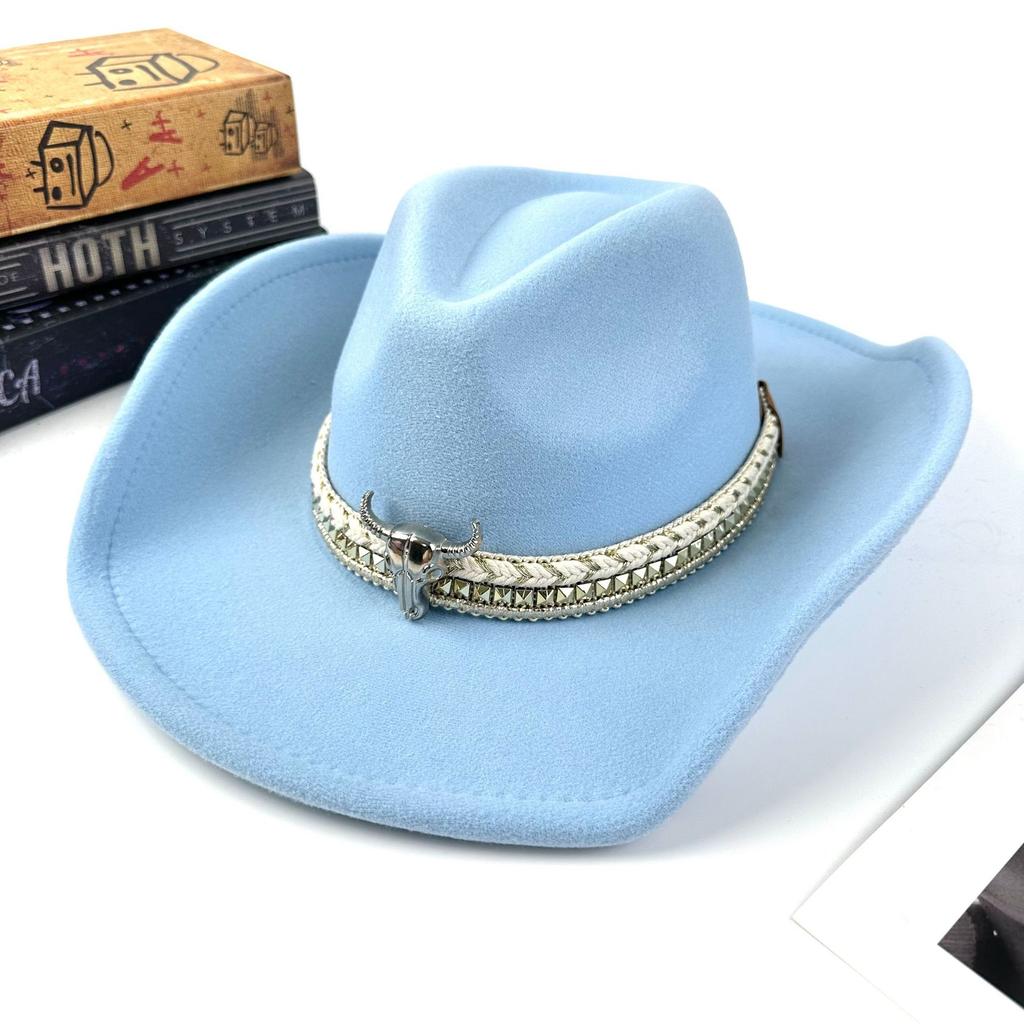 New Western Cowboy Hat Men'S And Women'S Bullhead Peachheart Top Woolen Jazz Hat Big Edge Top Hat