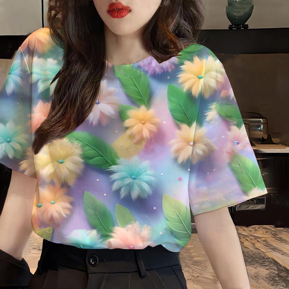 Summer Round Neck 3D Print Beautiful Flower Pattern Top Fashionable Casual Short Sleeved Women's T-shirts