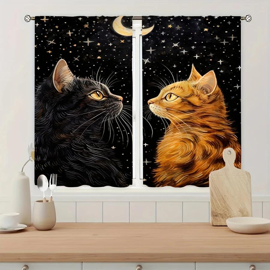 2pcs- Orange Cat Pattern Printed Curtains Under the Starry Sky, Bag-type Curtains, Home Decoration, Room Decoration