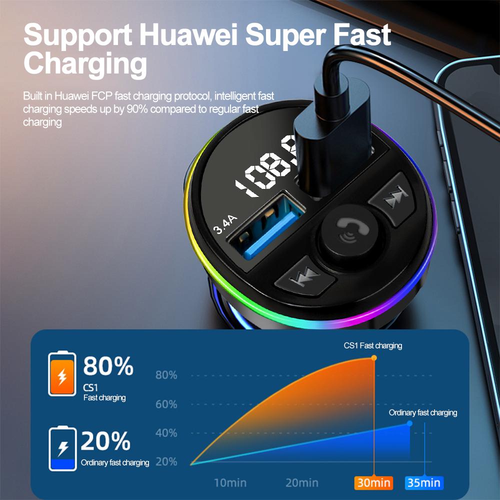 Car Bluetooth 5.0 FM Transmitter with 3 In 1 Charge Cable Wireless Handsfree Audio Receiver Fast Car Charger Adapter Auto MP3 Player for IPhone Huawei