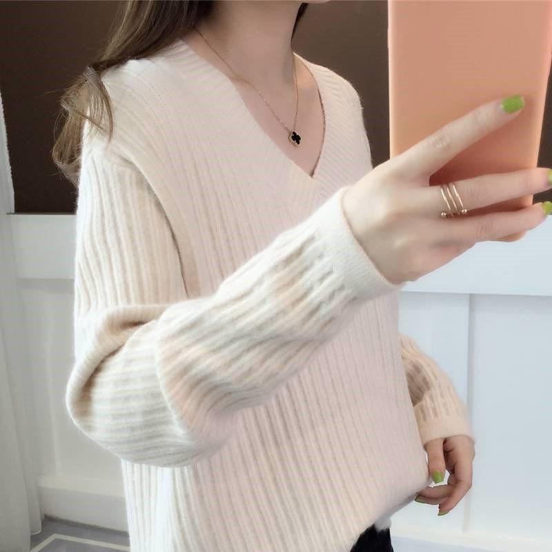 

JKASHDK Женская мода повседневная осень-зима однотонные принты с длинным рукавом и V-образным вырезом пуловеры и свитера с длинными рукавами One size белый