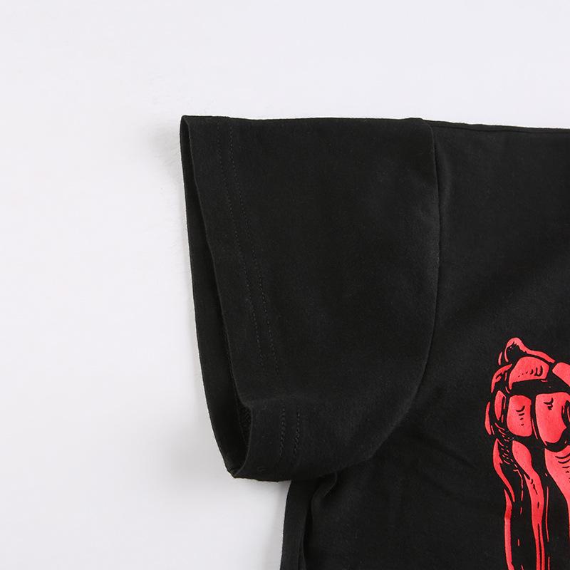 Potisk Harajuku Černé Crop Tops Ženy Léto Punk Goth Tops Hip Hop Vintage Krátký rukáv Streetwear Volné Ležérní Dámské tričko