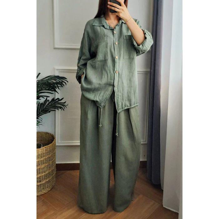 Southeast Asia Plus Size Casual Linen Solid Color Button-Up Sports Suit - Spring/Autumn 3XL