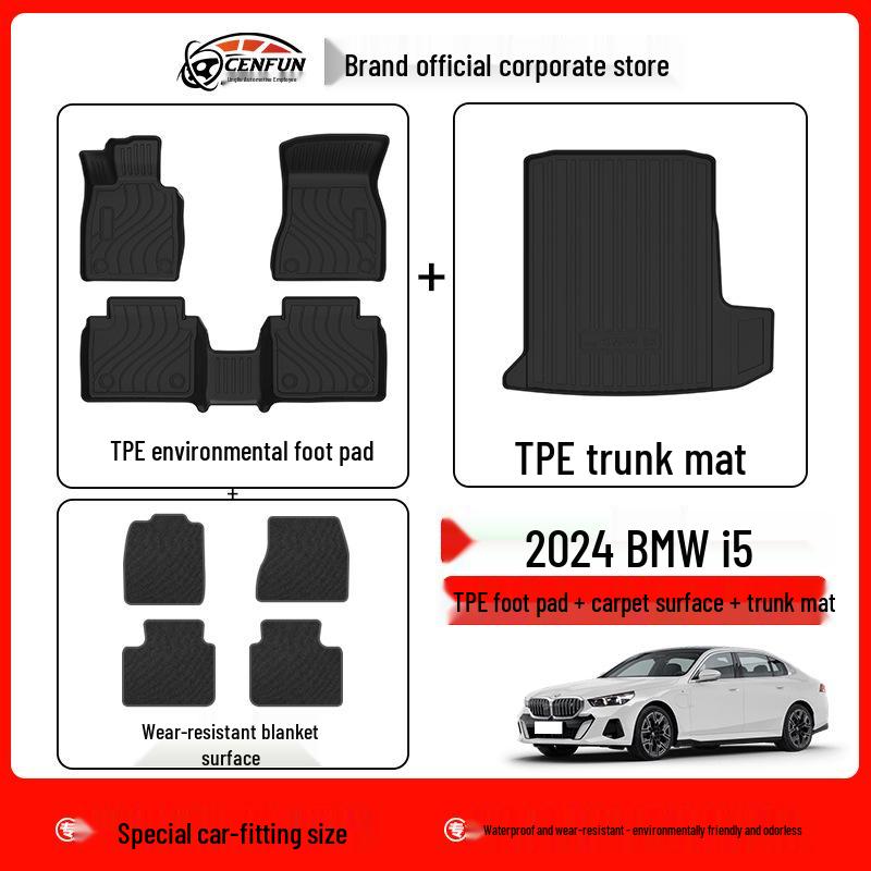 BMW I5 Eco-Friendly TPE Floor Mats & Trunk Mat - Odorless, Wear-Resistant, Waterproof, Carbon Fiber Pattern