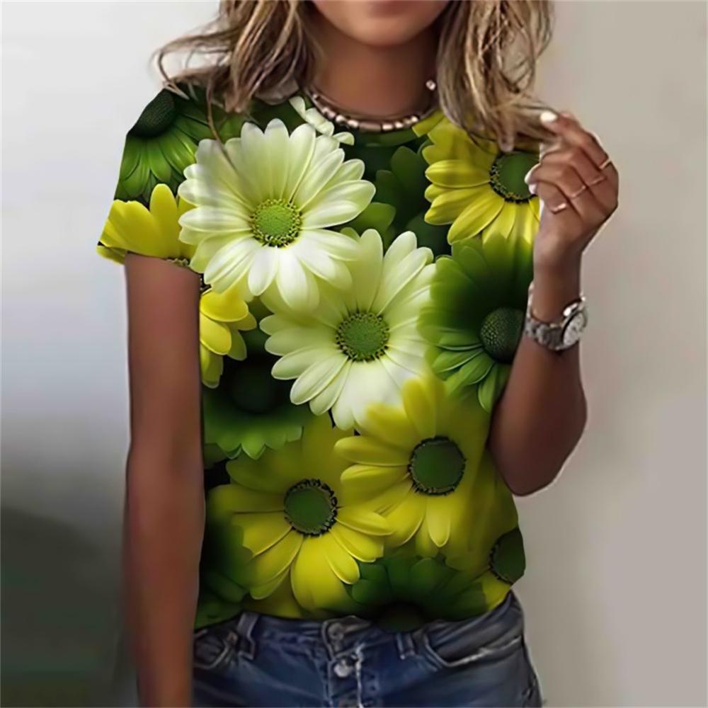 Fashion 3D Floral Print T Shirt for Women Summer Short Sleeve Tees Casual O-Neck Loose Short Sleeve Ladies Top