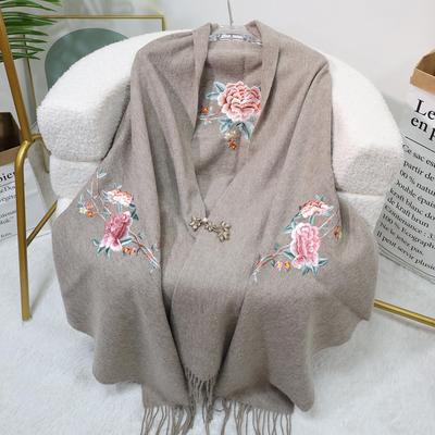 Chinese Style Embroidered Wool Scarf – Elegant Women's Winter Shawl, Double-Sided, Warm Fashion Accessory