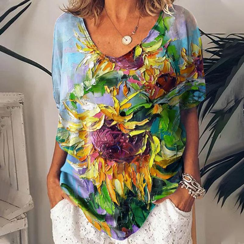 Damen T-Shirt mit Print, Künstlerisches Kurzarm-V-Ausschnitt Sommeroberteil, Stilvoll und Trendig