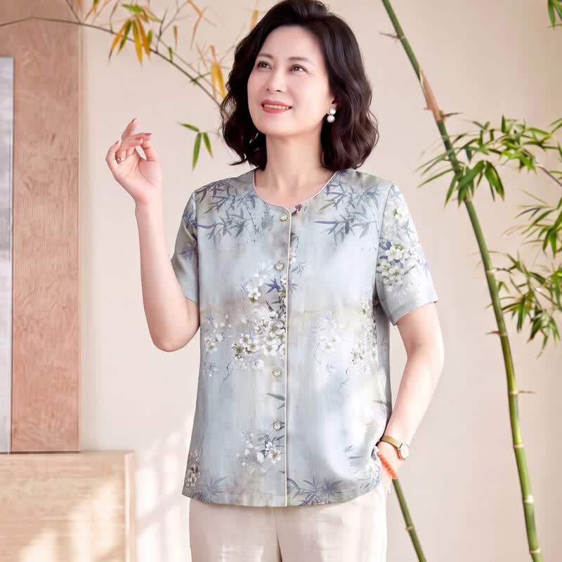 Datang Madam New Chinese Style Embroidered Bamboo Leaf Short Sleeve Shirt