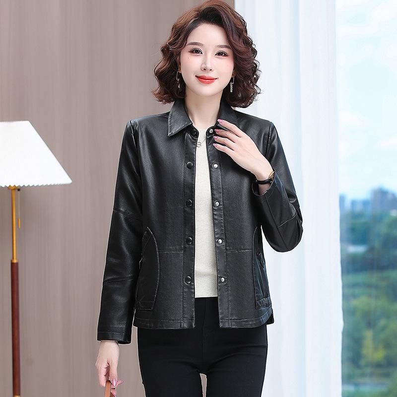 New Spring PU Leather Jacket - Short Style Plus Size Cardigan for Women, Perfect for Middle-Aged Ladies' Fashion In Spring and Autumn