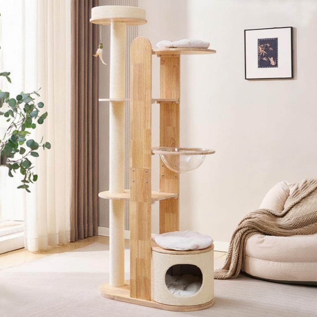 Cat Tree with Clear Bowl Tall Wooden Cat Cat Structure with Scratching Posts Pet Furniture Solid Wood Indoor for Cats