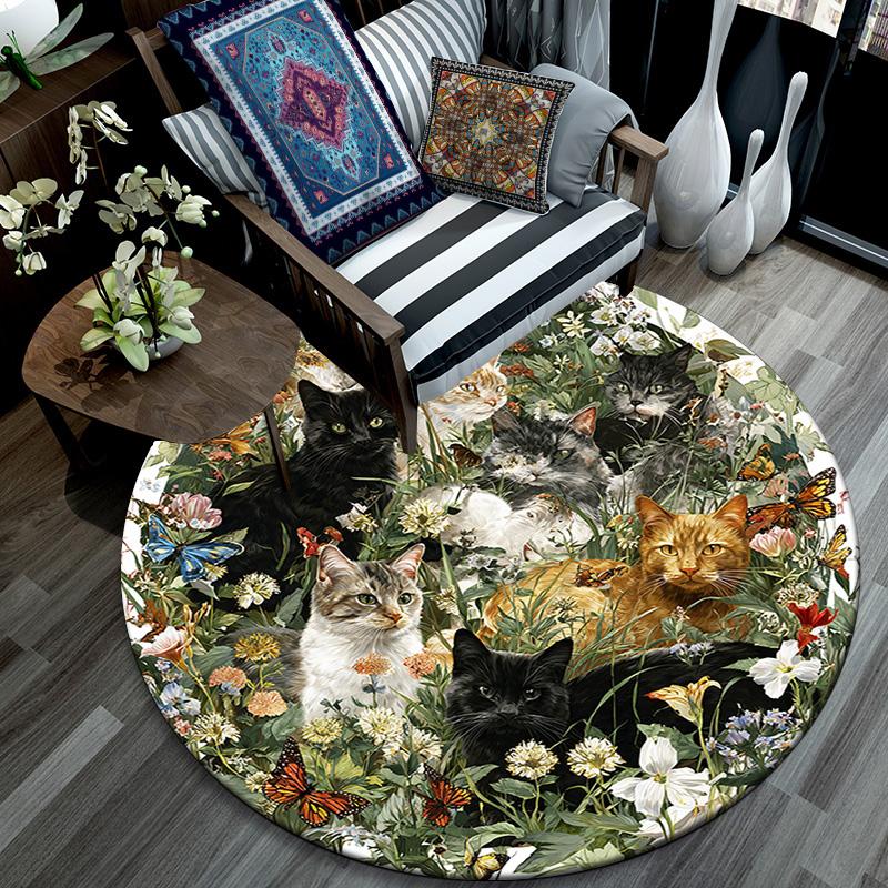 Cats Flowers Round Area Rug,Carpet Rug for Living Room Bedroom Sofa Playroom Decor,Non-slip Floor Mat