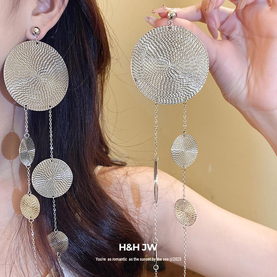 Silver needle metal round pattern fringed earrings niche design temperament earrings exaggerated unique design earrings women