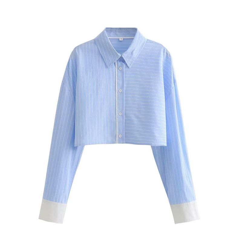 Kaslead New Arrival Women's Clothing Fashion Style Fashion Contrast Color Long Sleeves Stripes Short Shirt Casual Shorts