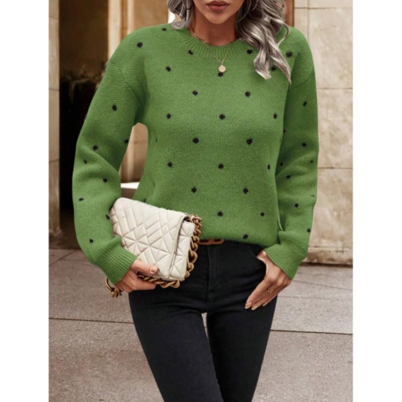 Women's Spring/Fall Crew Neck Long Sleeve Pullover Sweater Polka Dot Jacquard Casual Knit Top