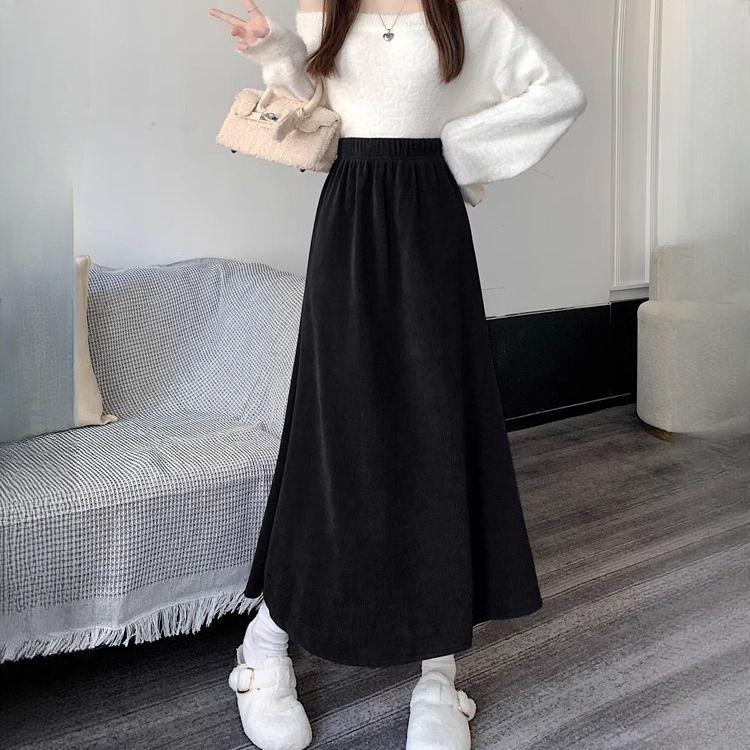 Autumn Winter Women's Fleece-Lined Thickened Corduroy Midi Skirt Retro High Waist Slim-Fit A-Line Long Skirt