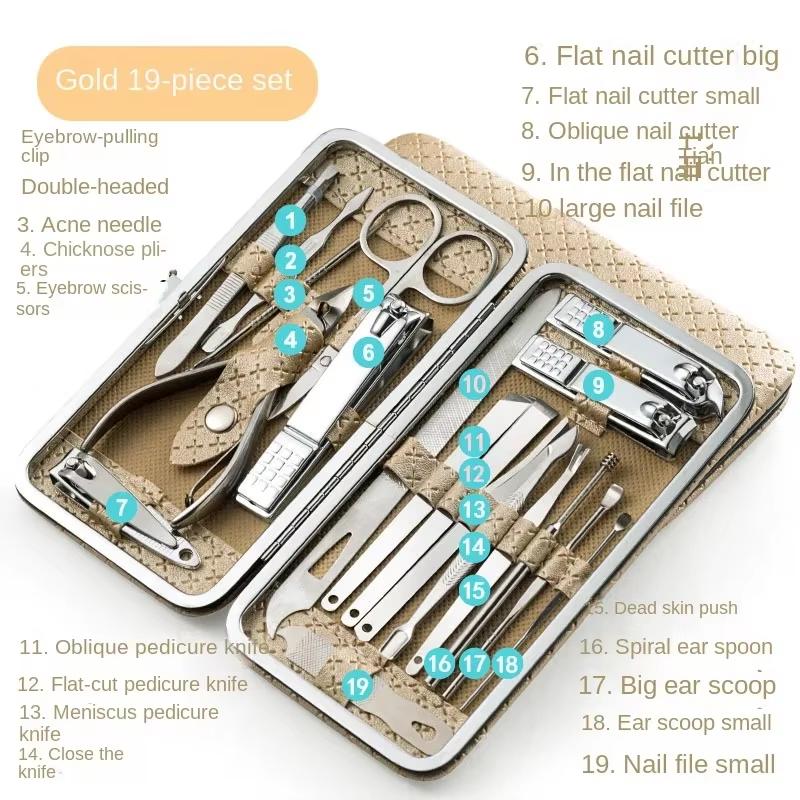 19PCS Manicure Set Pedicure Nail Scissors Tool Nail Clipper Set Stainless Steel Manicure Cutter Trimmer Ear Spoon Nail Clipper