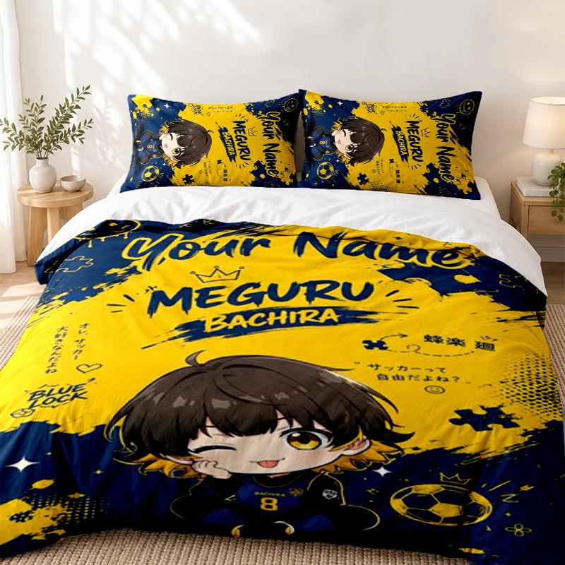 Blue Lock Custom Name 3pc set Perfect for bedroom use Comfortable bedding set includes a duvet cover and two pillowcases Ideal birthday or Christmas g