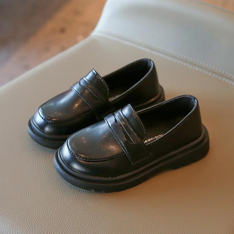 Kids British Style Solid Color Leather Flats Shoes For Boys And Girls 21 чёрный