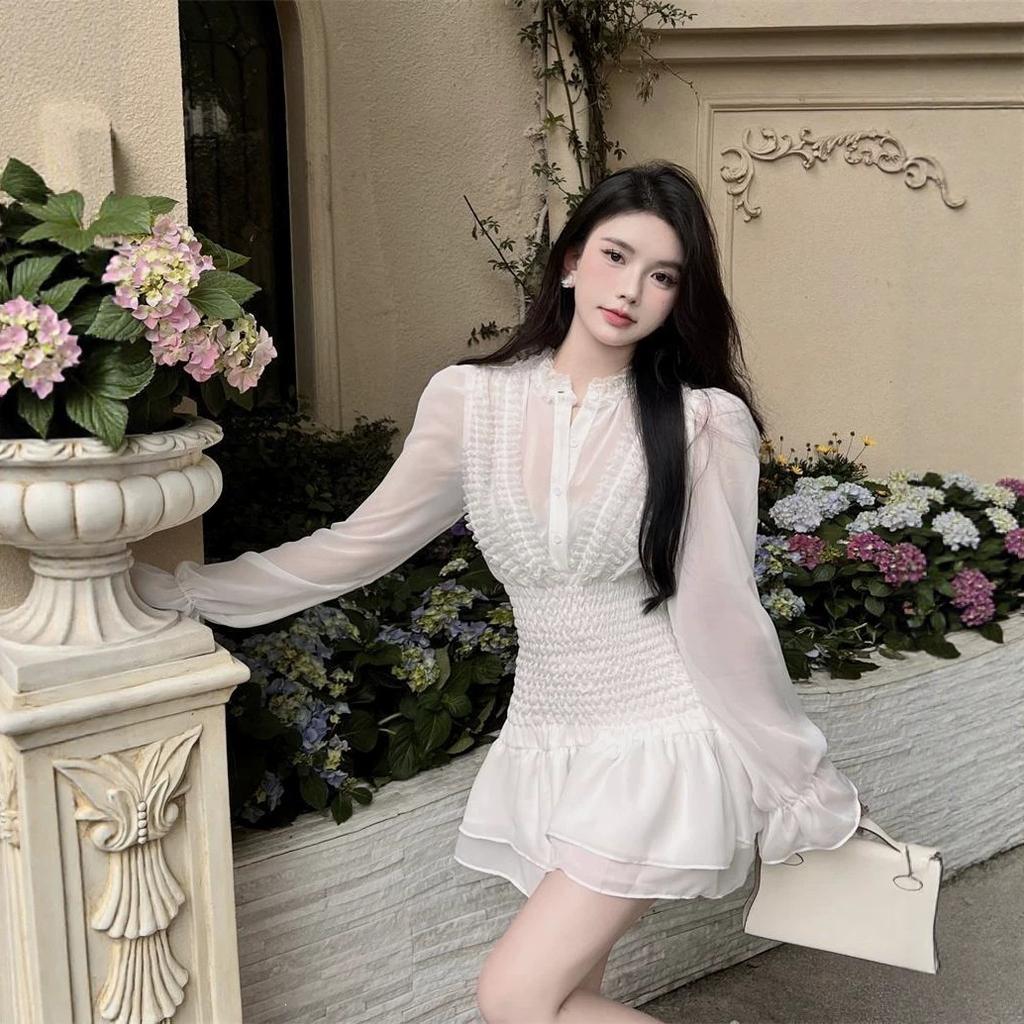 High sense Korean French gentle wind small waist short skirt ruffle edge shirt dress fairy short skirt