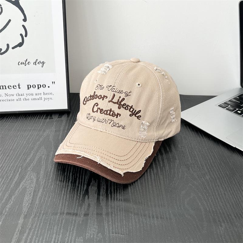 New Ripped Hole Wash Letter Embroidery Contrasting Color Design Baseball Hat Women's Outdoor Casual Soft Top Korean Embroidery Hat