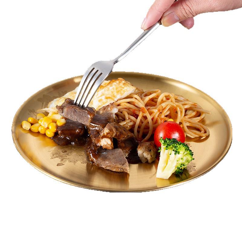 Korean Style Stainless Steel Gold Round Plate – Barbecue, Fruit, Cake, Dinner, Bone, & Shallow Dish.