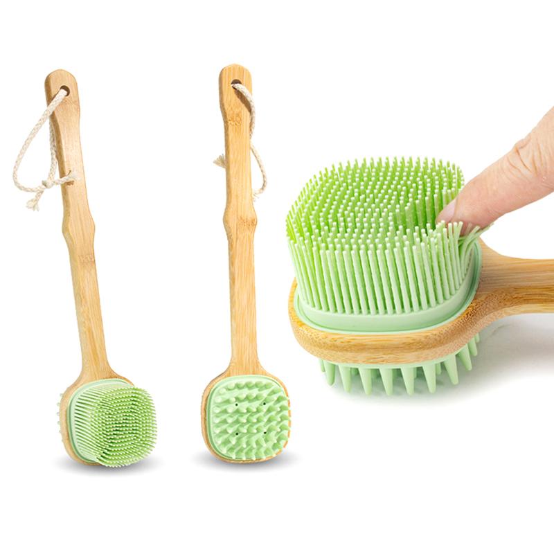 1Pc Silicone Brush Head Back Scrubber Shower Brush With Long Wooden Handle Dry Skin Exfoliating Body Massage Cleaning Tool