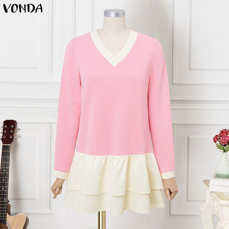 VONDA Women Casual V Neck Long Sleeve Patchwork Ruffled Dress