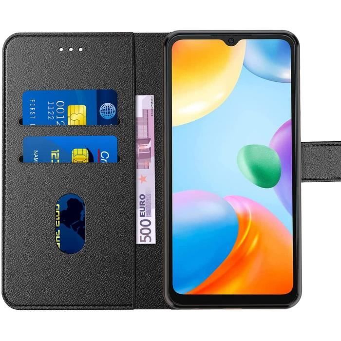 Coque Portefeuille pour Xiaomi Redmi 10C Protection Effet Cuir Anti-Rayures Noir