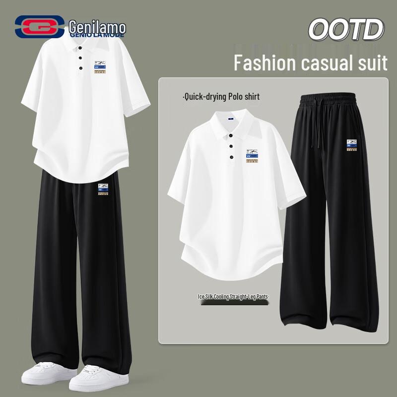 GENIOLAMODE Men s Ice Silk Polo Shirt & Casual Pants Set 2XL