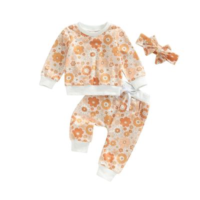 Conjunto Infantil para Bebê Menina 3 Peças Estampa Floral Gola Redonda Manga Longa Moletons Tops + Calças Compridas Cintura Elástica + Faixa de Cabelo