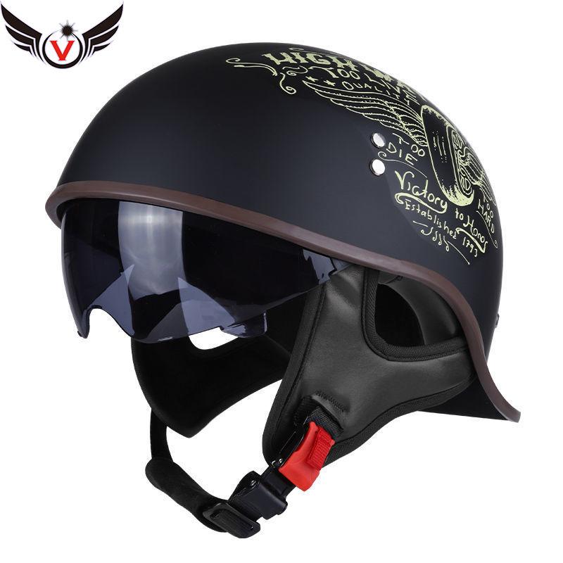 Motorcycle Helmet Men's Summer Half Helmet Retro Women's Electric Car, Locomotive Lightweight Scoop Helmet with Endoscope