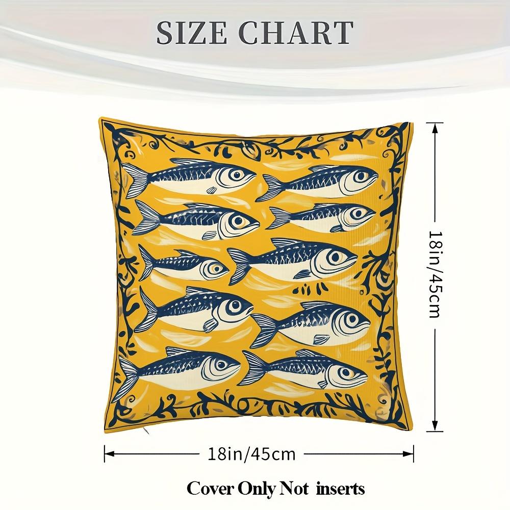1Pc, Short Plush Decorative Pillow Cover, Portuguese Lisbon Sardines Pattern Azulejos Yellow Pillowcase, Single-Sided Print, 18X