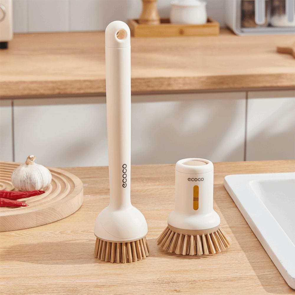

Long Handle Dish Washing Scrubber Press To Dispense Refillable Pot Cleaning Brush for Pan and Bowl бежевый