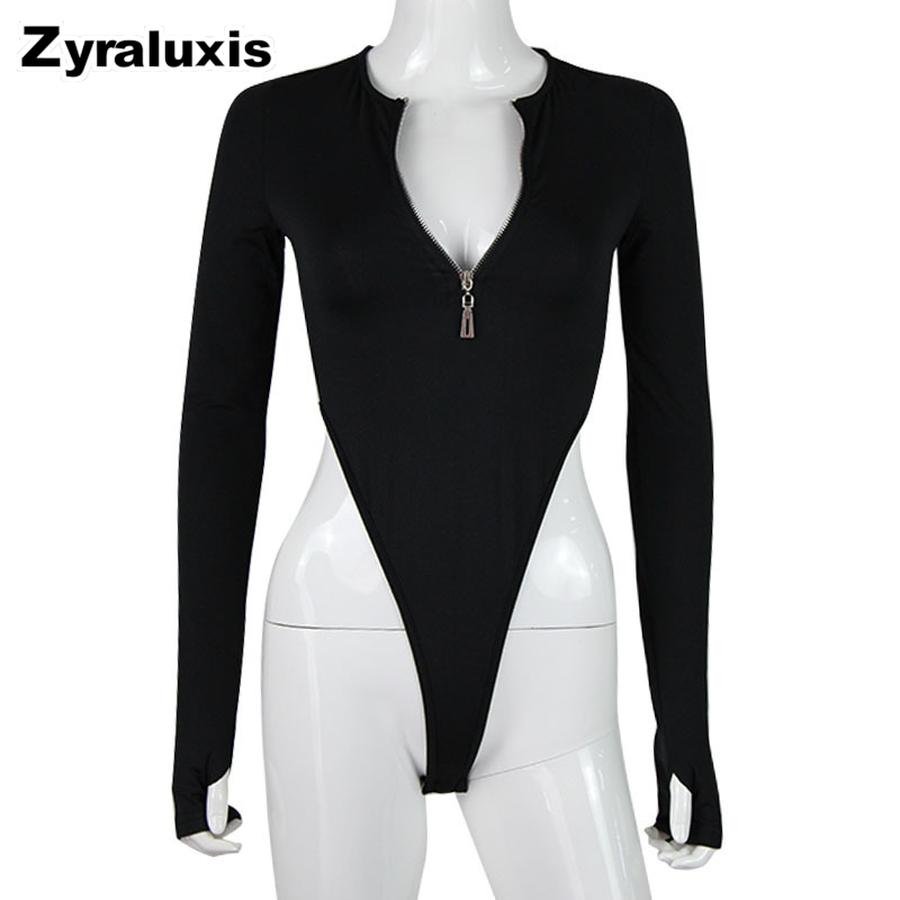 Women's Long Sleeve Bodycon Jumpsuit with Zipper, Sexy Top for Women