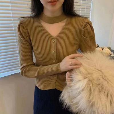 Korean Fashion Halter V-Neck Cardigan Women Knitted Tops Autumn Winter 2023 French Style Puff Sleeve Sweater Clothes 28990