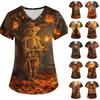 Damski top medyczny na Halloween z nadrukiem, dekoltem V, krótkim rękawem i kieszeniami