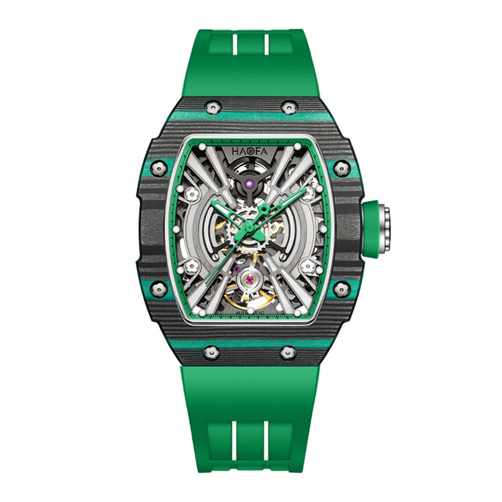 

HAOFA Watch Skeleton Automatic Medium Size Mechanical Watch Double Layer Carbon Fiber Case Barrel Shape Tonneau Shape Titanium Watch Baseball Watch зелений