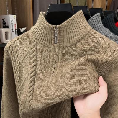 Herren Winter dicker Strick Pullover mit halbem Reißverschluss und Stehkragen