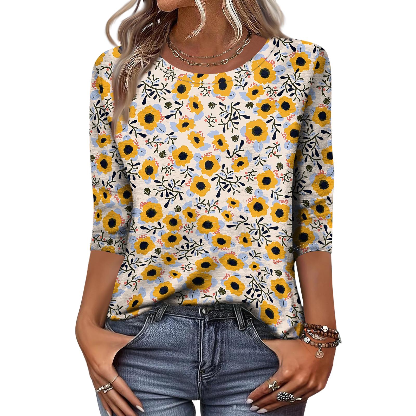 

Women’s Casual Floral Print 3/4 Sleeve Round Neck Top Relaxed Fit Lightweight Comfortable Blouse for Everyday Wear XL