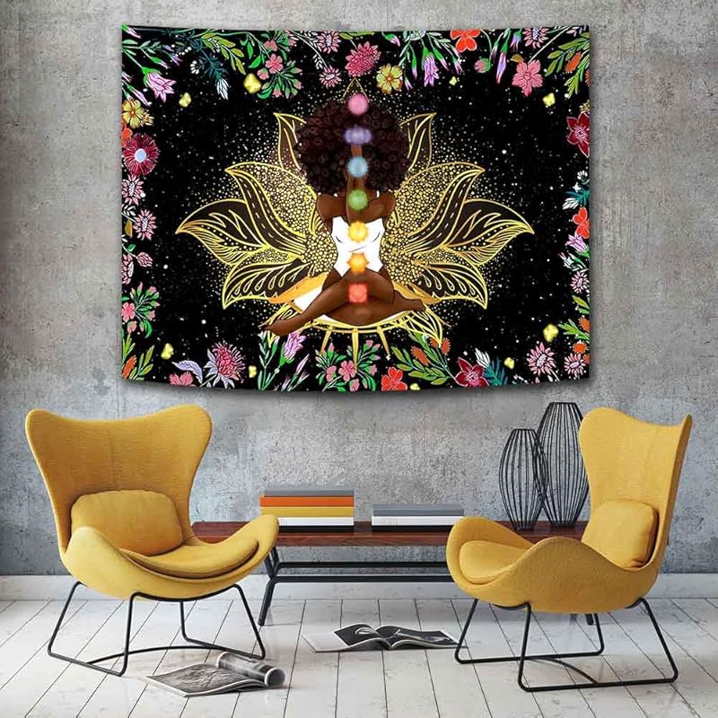 Ine Ive African Chakra Tapestry African American Woman Zen Meditation Tapestries 80x60 Inch Starry Sky Flower Garden Inspirational Afro Yoga Wall Art
