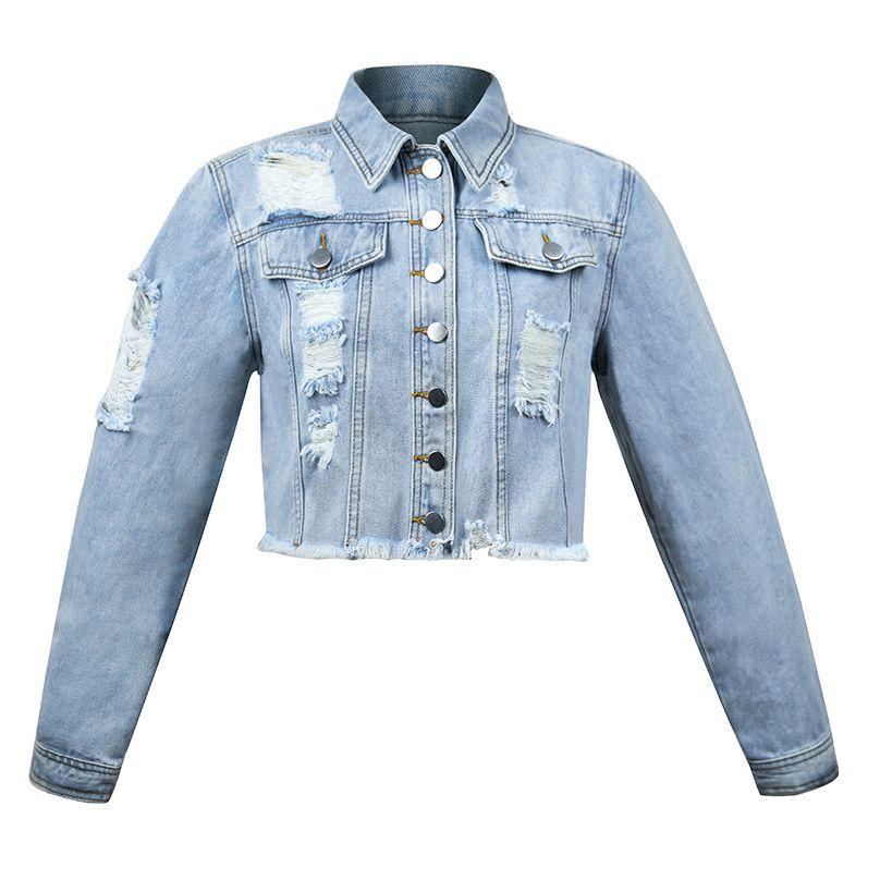 Woman Long Sleeve Ripped Short Denim Jacket Fashion Hipster Jeans Coat Street Casual Female Clothing S-XL