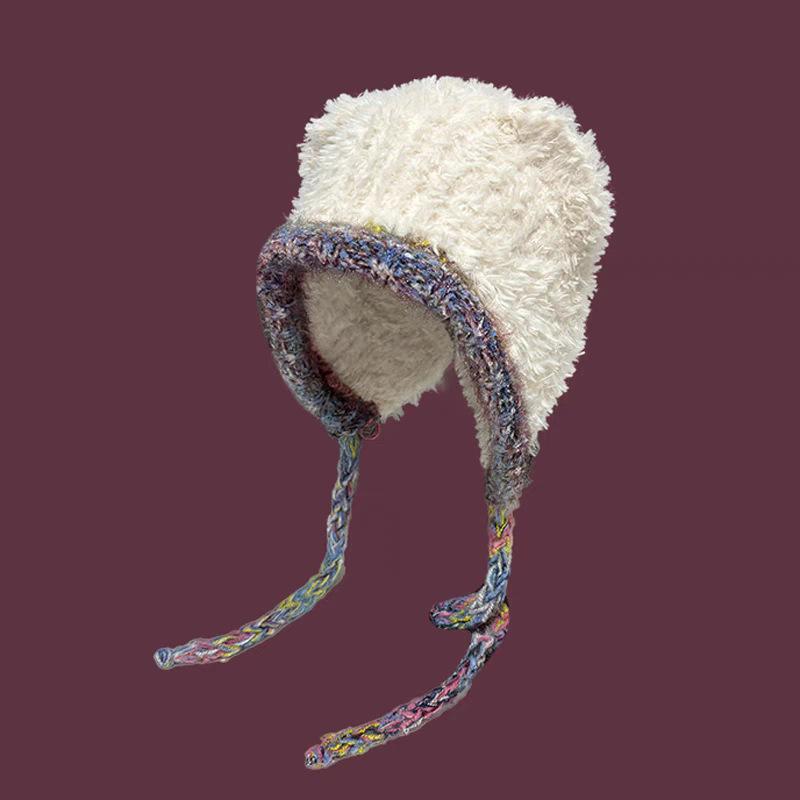 Korean Style Red Balaclava Hat for Women Autumn and Winter Large Head Circumference Woolen Hat Warm Ear Protection Strap Knitted Hat