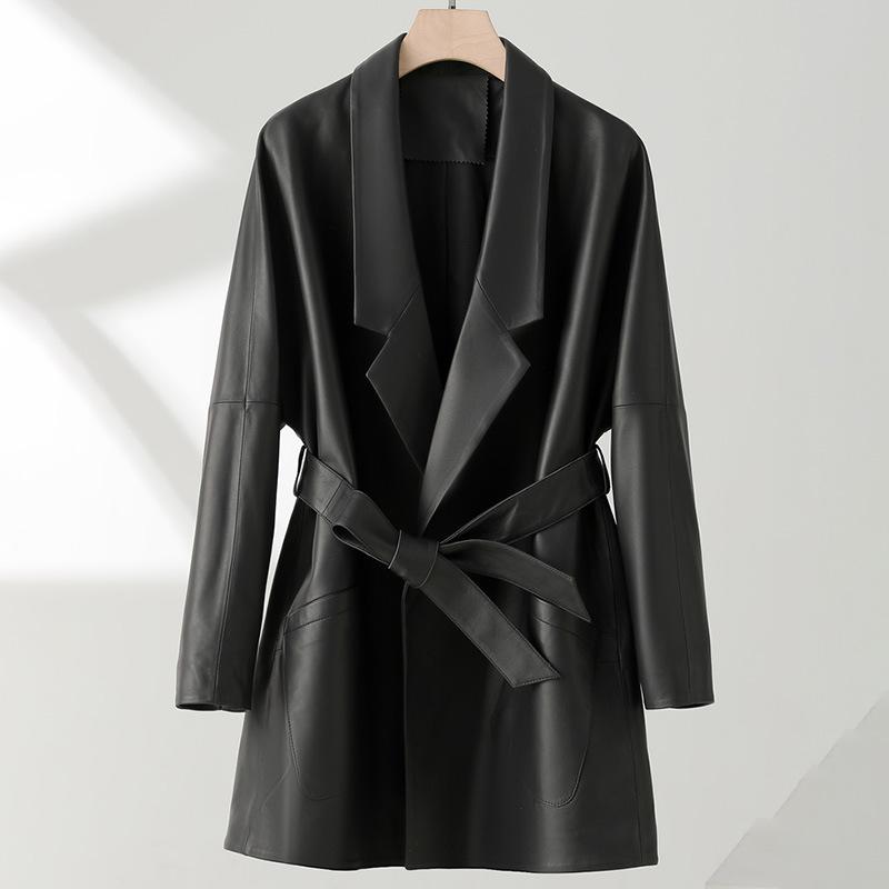 

Новая куртка из натуральной овчины для женщин, свободный пояс средней длины, европейская кожаная куртка, кожаная ветровка, модная L