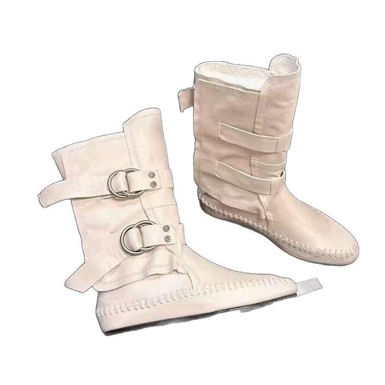 

European Station 2025 autumn and winter new Spice Girl style square head women s cowhide metal buckle retro flat-bottomed locomotive boots 40