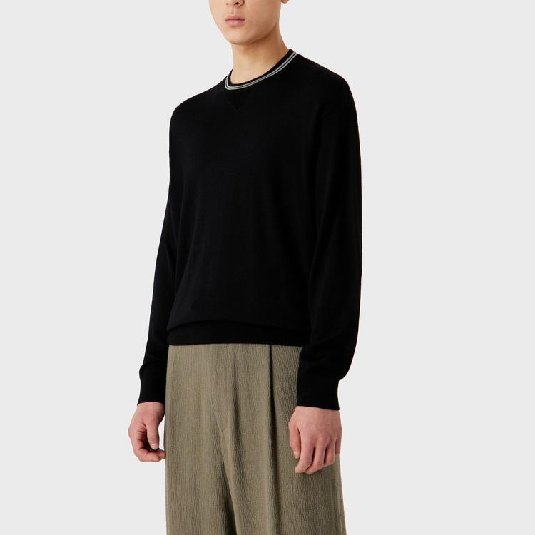 Emporio Armani FW23 Striped Trim Round Neck Long Sleeve Knit Sweater Men Sweater Black 6R1MXG-1MNGZ-0999
