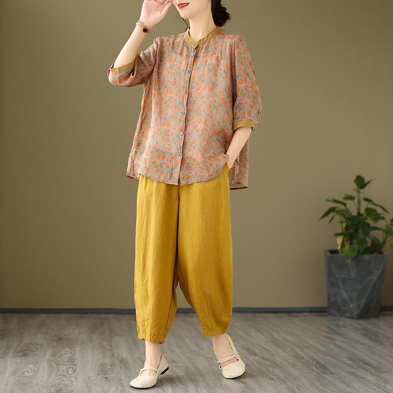 2026 Korean-Style Plus Size Slimming Retro Print Cotton-Linen Two-Piece Summer Set for Women