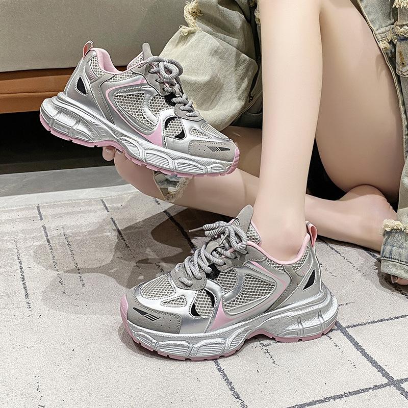 Plateauschuhe mit dicker Sohle für Damen, Frühjahr 2024 neu, silbernes Mesh, atmungsaktiv, leicht, Sport- und Freizeitschuhe