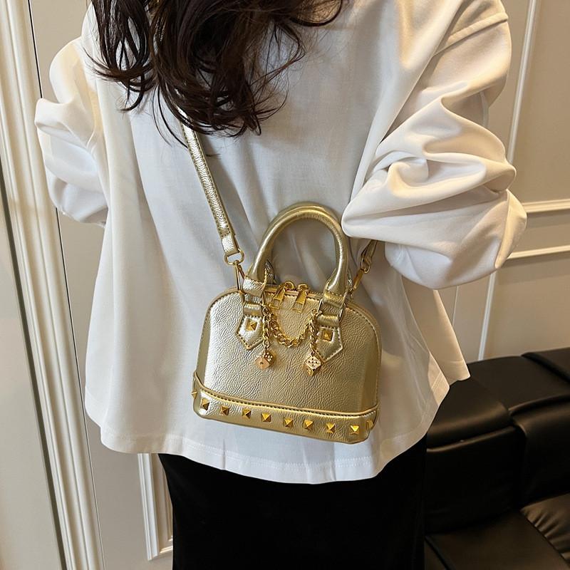 Minimalist Shell Handbag For Women Pu Leather With Metal Rivets Casual Crossbody For Spring Outfits