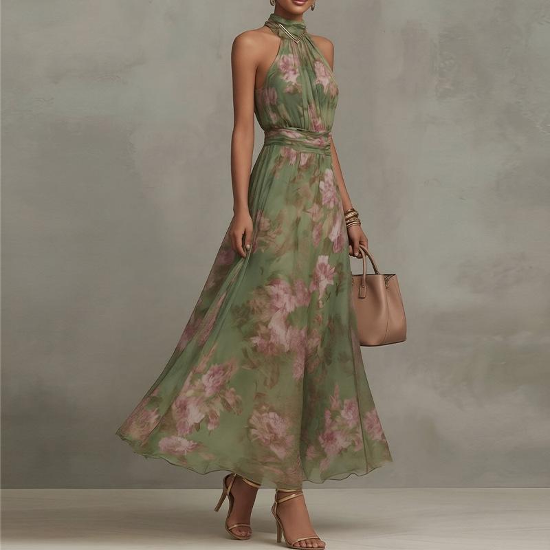 Spring new women's clothing, European and American, fashionable and elegant printed neck-and-waist dress