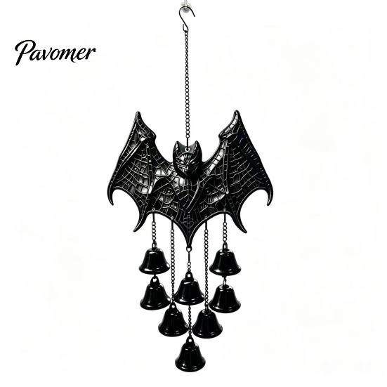 Crisp Sound Breeze Bells Gothic Bat Metal Wind Chime, Halloween Hanging Ornament with Multiple Bells, 3D Indoor Entrance Decorative Crafts Embossed
